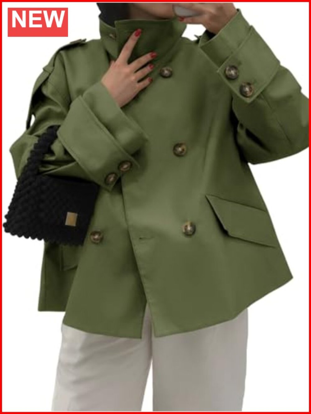 Womens Cropped Trench Coat Oversized Double Breasted Windproof Jacket